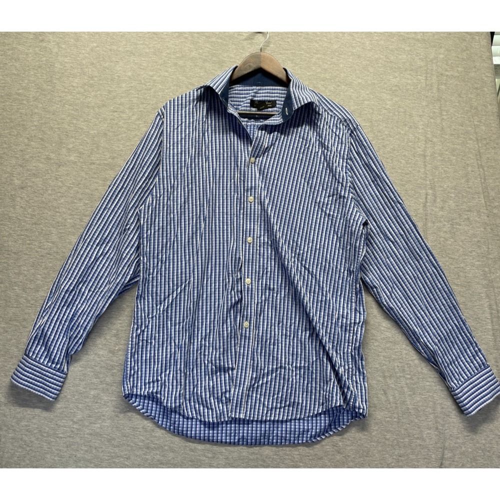 Pronto Uomo Shirt Mens L Blue White Vertical Striped Cotton Collared Button Up